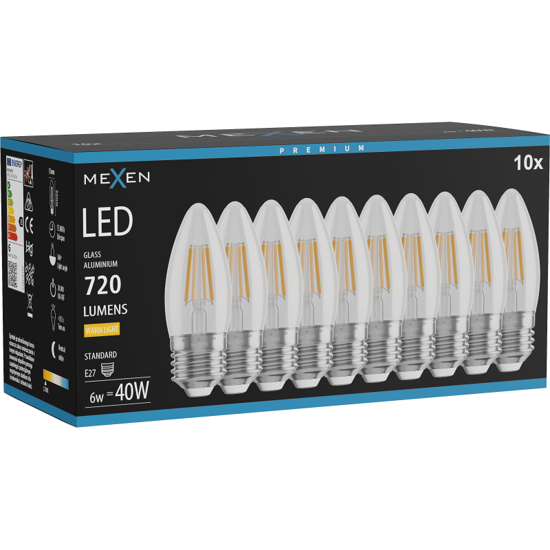 Mexen Vintis 10x LED filament žarnica E27, C35, 6W, Topla - 2700K, 720 lm, prozorna - L154-E27-0627-00x10