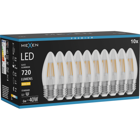 Mexen Vintis 10x Bombilla LED filament E27, C35, 6W, Cálida - 2700K, 720 lm, transparente - L154-E27-0627-00x10