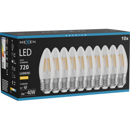 Mexen Vintis 10x LED filamentu spuldze E27, C35, 6W, Silta - 2700K, 720 lm, caurspīdīgs - L154-E27-0627-00x10