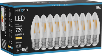 Mexen Vintis 10x LED filament žarnica E27, C35, 6W, Topla - 2700K, 720 lm, prozorna - L154-E27-0627-00x10