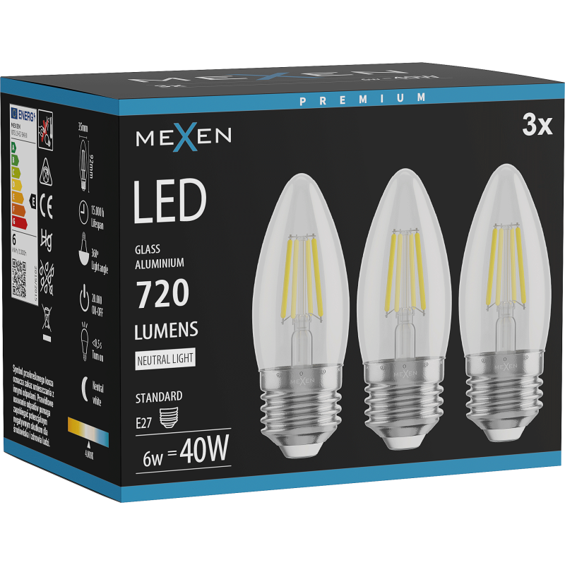 Mexen Vintis 3x Λάμπα LED νήματος E27, C35, 6W, Ουδέτερη - 4000K, 720 lm, διάφανη