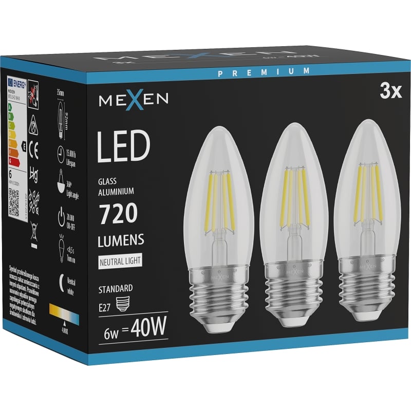 Mexen Vintis 3x LED filamentlamp E27, C35, 6W, Neutraal - 4000K, 720 lm, helder - L154-E27-0640-00x03