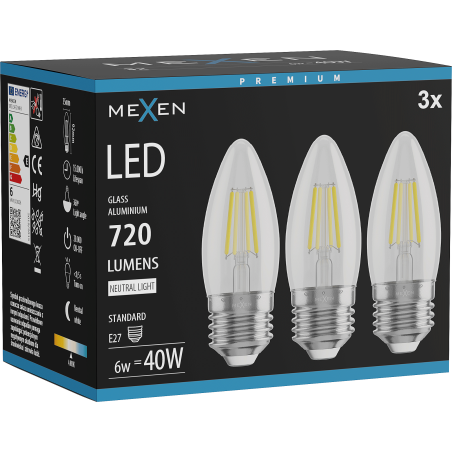 Mexen Vintis 3x LED diegu spuldze E27, C35, 6W, Neitrāls - 4000K, 720 lm, caurspīdīgs - L154-E27-0640-00x03