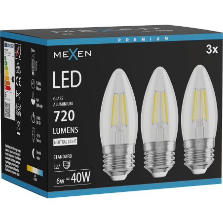 Mexen Vintis 3x LED-filamentlampa E27, C35, 6W, Neutral - 4000K, 720 lm, klar - L154-E27-0640-00x03