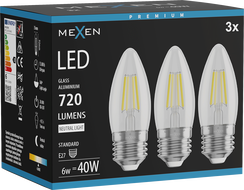 Mexen Vintis 3x filament LED pirn E27, C35, 6W, Neutraalne - 4000K, 720 lm, läbipaistev - L154-E27-0640-00x03