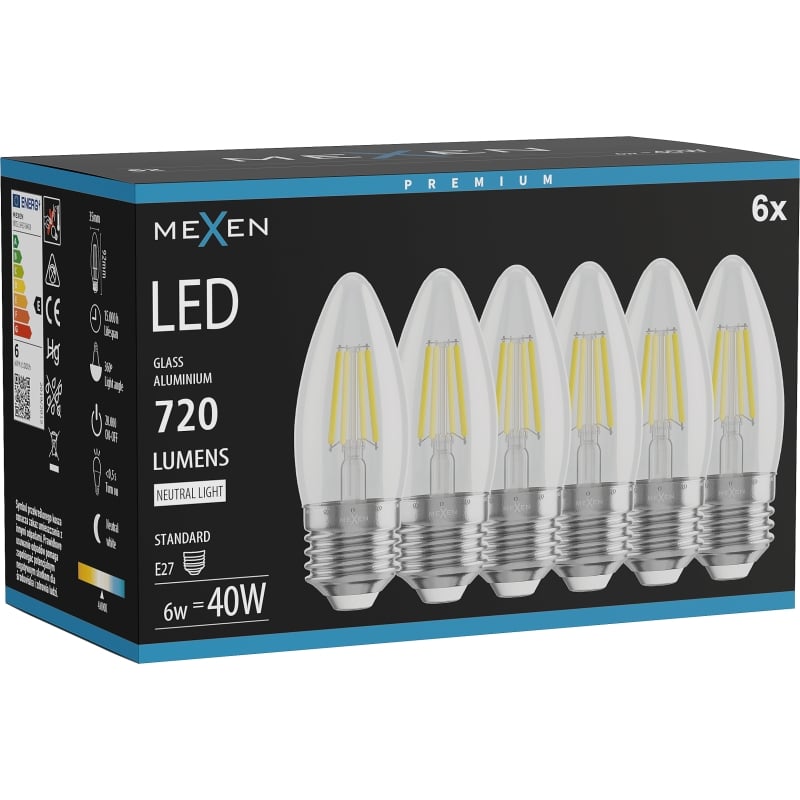 Mexen Vintis 6x Lampadina a filamento LED E27, C35, 6W, Neutra - 4000K, 720 lm, trasparente - L154-E27-0640-00x06