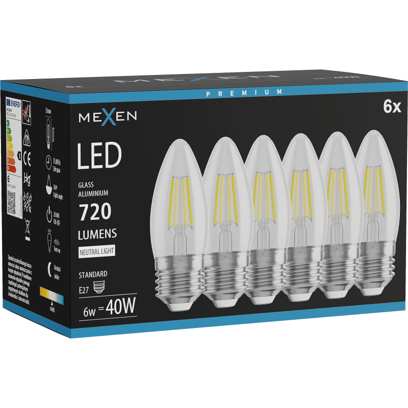 Mexen Vintis 6x LED filament žarnica E27, C35, 6W, Nevtralna - 4000K, 720 lm, clear - L154-E27-0640-00x06