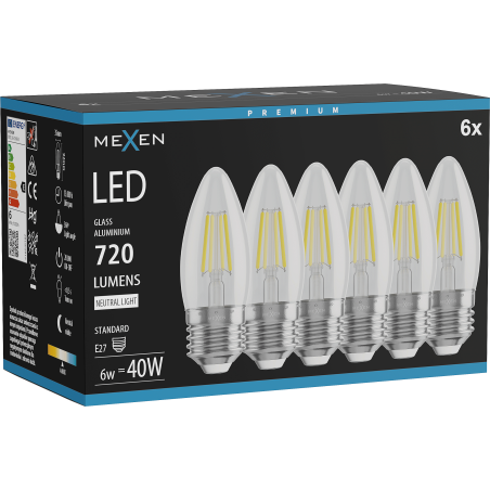 Mexen Vintis 6x LED diegu spuldze E27, C35, 6W, Neitrāls - 4000K, 720 lm, caurspīdīgs - L154-E27-0640-00x06