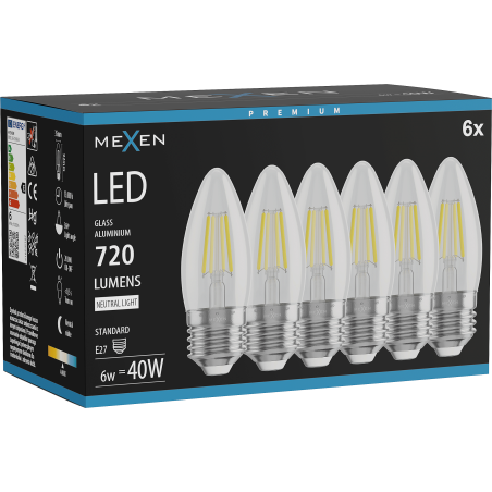 Mexen Vintis 6x żarówka filament LED E27, C35, 6W, Neutralna - 4000K, 720 lm, clear - L154-E27-0640-00x06