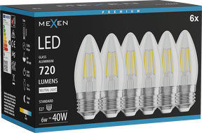 Mexen Vintis 6x LED filament žarulja E27, C35, 6W, Neutralna - 4000K, 720 lm, prozirna - L154-E27-0640-00x06
