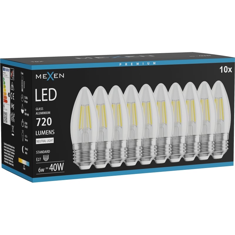 Mexen Vintis 10x Lampadina a filamento LED E27, C35, 6W, Neutra - 4000K, 720 lm, chiara - L154-E27-0640-00x10