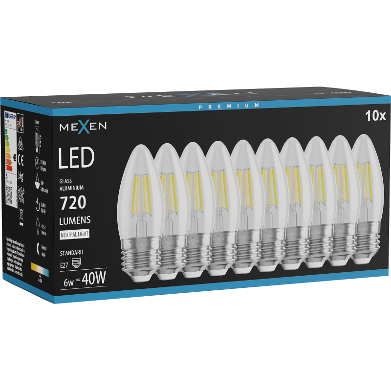 Mexen Vintis 10x LED filamentna žarnica E27, C35, 6W, Nevtralna - 4000K, 720 lm, prozorna - L154-E27-0640-00x10
