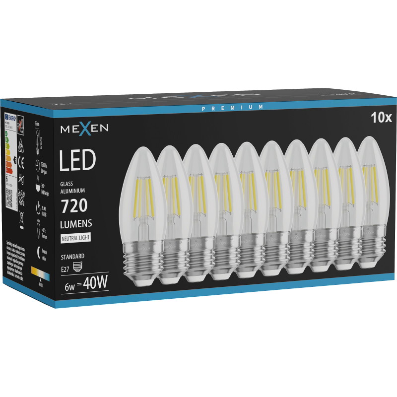 Mexen Vintis 10x LED-filamenttilamppu E27, C35, 6W, Neutraali - 4000K, 720 lm, kirkas - L154-E27-0640-00x10