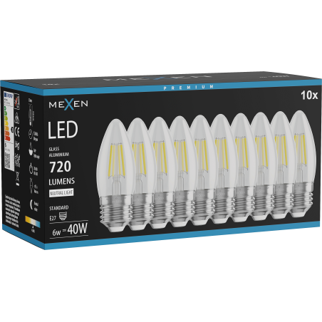 Mexen Vintis 10x Lampadina a filamento LED E27, C35, 6W, Neutra - 4000K, 720 lm, chiara - L154-E27-0640-00x10