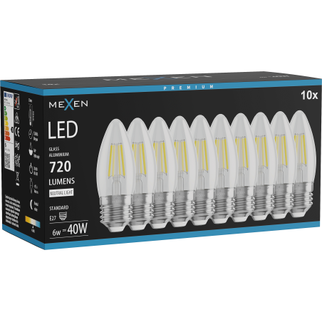 Mexen Vintis 10x LED kvēldiegu spuldze E27, C35, 6W, Neitrāla - 4000K, 720 lm, dzidra - L154-E27-0640-00x10