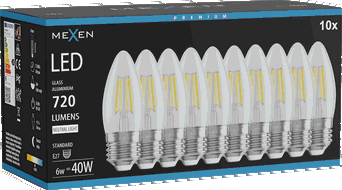 Mexen Vintis 10x LED-filamentlamp E27, C35, 6W, Neutraal - 4000K, 720 lm, helder - L154-E27-0640-00x10