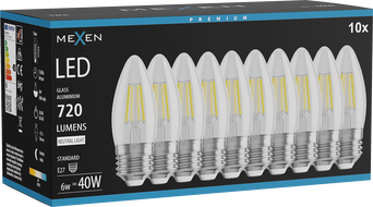 Mexen Vintis 10x LED kvēldiegu spuldze E27, C35, 6W, Neitrāla - 4000K, 720 lm, dzidra - L154-E27-0640-00x10