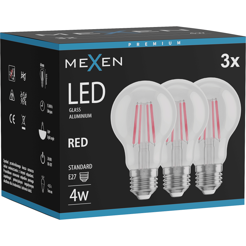 Mexen Vintis 3x Filamenta LED spuldze E27, A60, 4W, 55 lm, sarkana - L150-E27-04XX-45x03