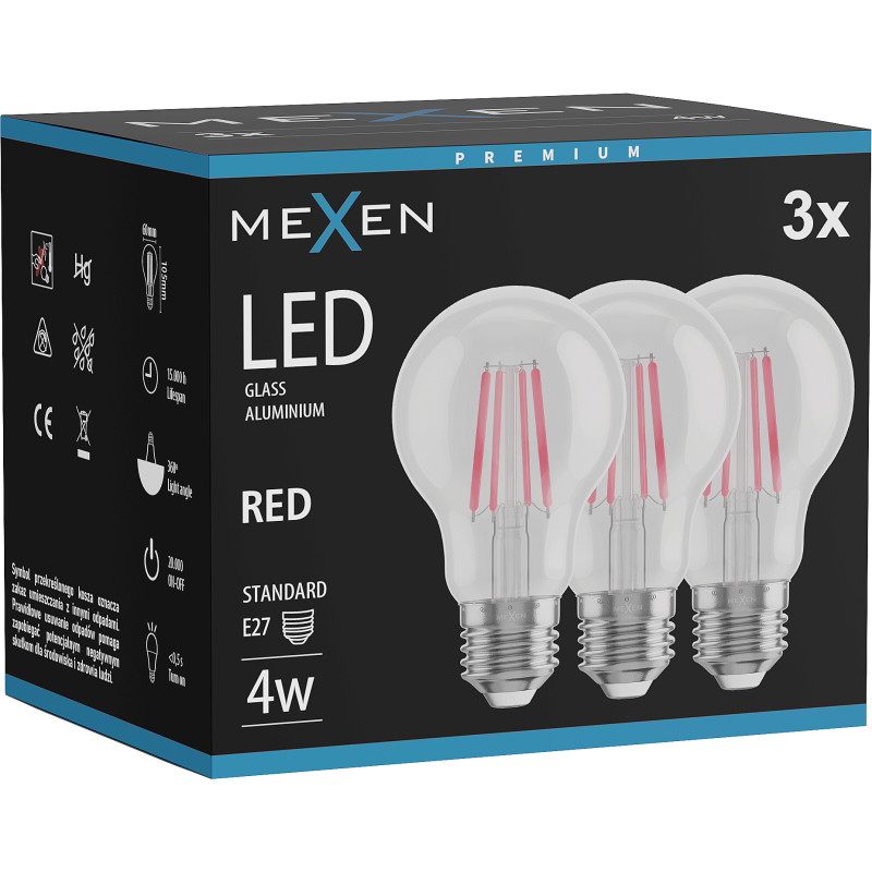 Mexen Vintis 3x lampadina a filamento LED E27, A60, 4W, 55 lm, rossa - L150-E27-04XX-45x03