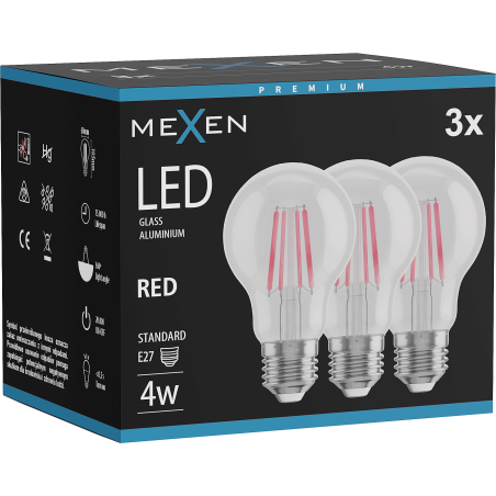 Mexen Vintis 3x Filamenta LED spuldze E27, A60, 4W, 55 lm, sarkana - L150-E27-04XX-45x03