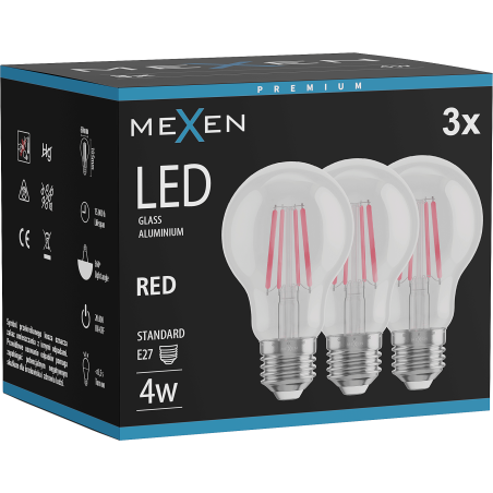 Mexen Vintis 3x lampadina a filamento LED E27, A60, 4W, 55 lm, rossa - L150-E27-04XX-45x03
