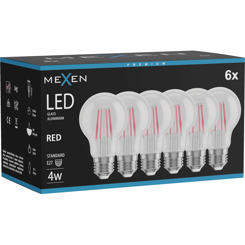 Mexen Vintis 6x Filament LED Glühbir Fassung E27, A60, 4W, 55 lm, rout - L150-E27-04XX-45x06