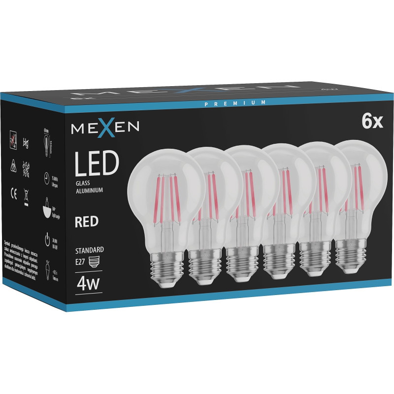 Mexen Vintis 6x LED filamentlamp E27, A60, 4W, 55 lm, rood - L150-E27-04XX-45x06