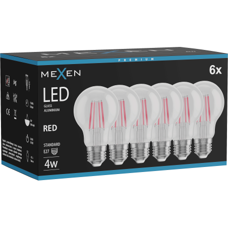 Mexen Vintis 6x LED filament žarnica E27, A60, 4W, 55 lm, rdeča - L150-E27-04XX-45x06