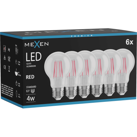 Mexen Vintis 6x LED-filamentlampa E27, A60, 4W, 55 lm, röd - L150-E27-04XX-45x06