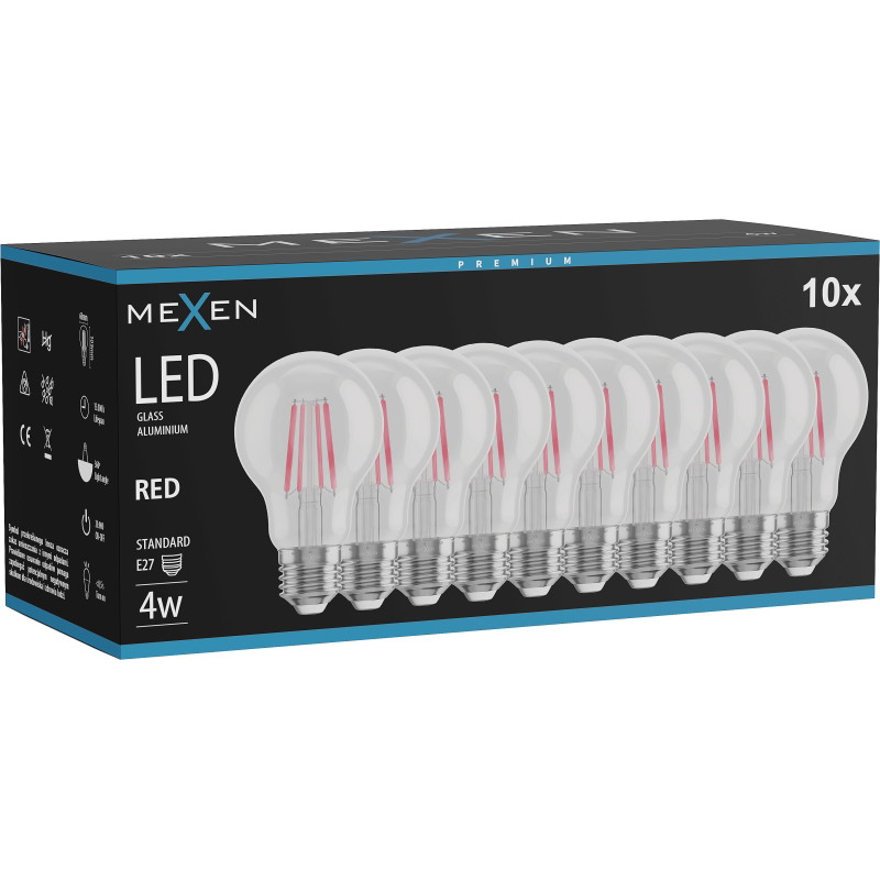 Mexen Vintis 10x LED filamentlamp E27, A60, 4W, 55 lm, rood - L150-E27-04XX-45x10