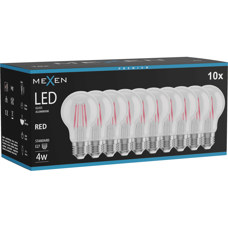Mexen Vintis 10x LED kvēldiega spuldze E27, A60, 4W, 55 lm, sarkana - L150-E27-04XX-45x10