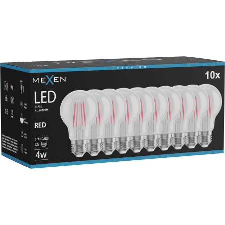 Mexen Vintis 10x LED kvēldiega spuldze E27, A60, 4W, 55 lm, sarkana - L150-E27-04XX-45x10