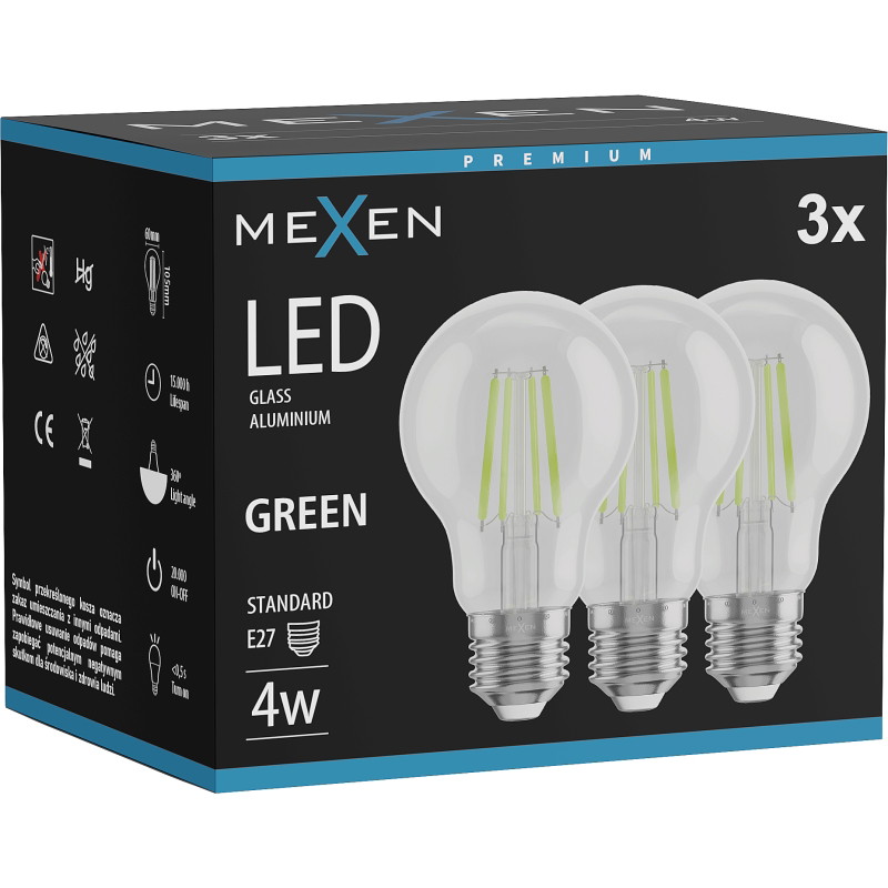 Mexen Vintis 3x bombilla de filamento LED E27, A60, 4W, 55 lm, verde - L150-E27-04XX-46x03