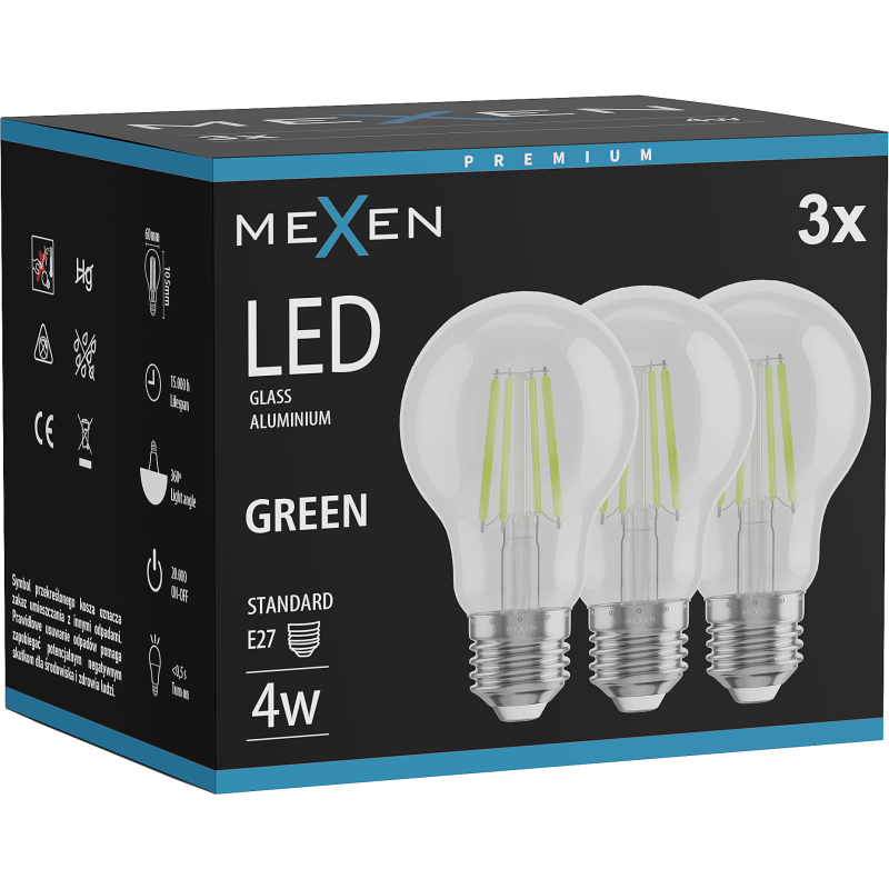 Mexen Vintis 3x Filamentu LED spuldze E27, A60, 4W, 55 lm, zaļa - L150-E27-04XX-46x03