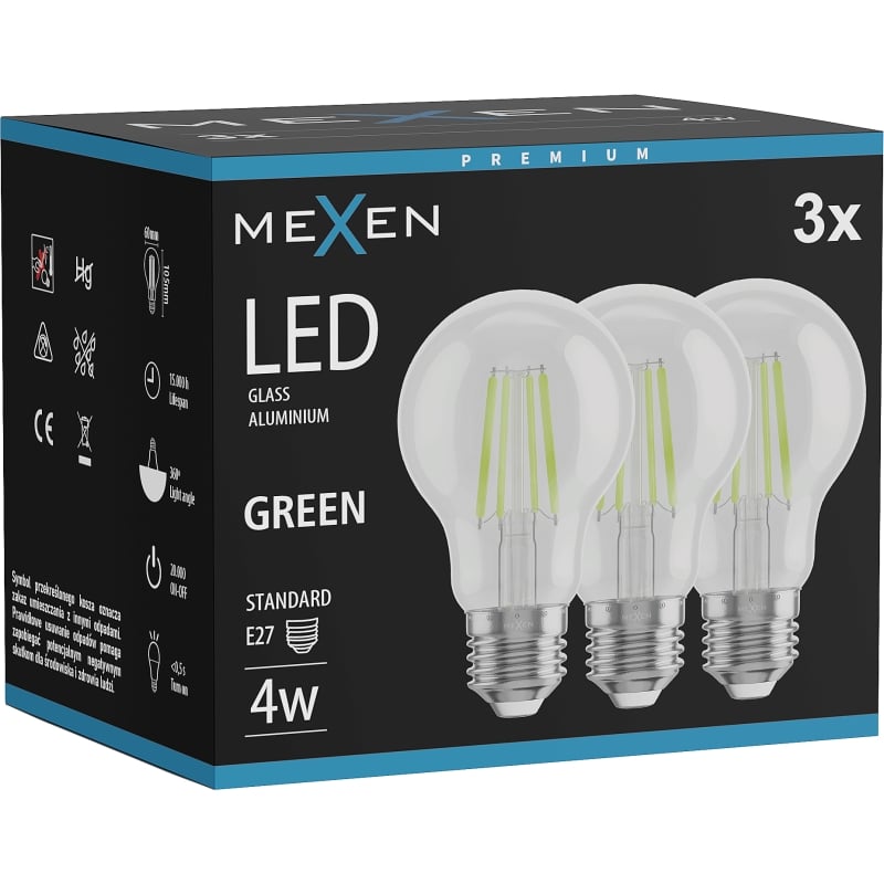 Mexen Vintis 3x żarówka filament LED E27, A60, 4W, 55 lm, green - L150-E27-04XX-46x03