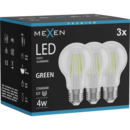 Mexen Vintis 3x Filamentu LED spuldze E27, A60, 4W, 55 lm, zaļa - L150-E27-04XX-46x03