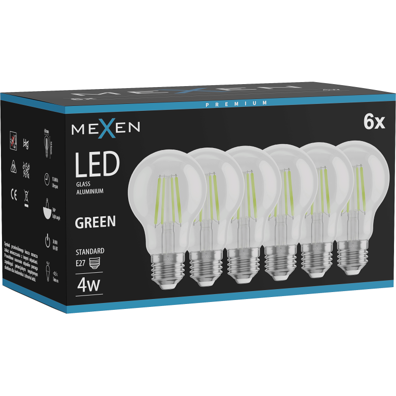 Mexen Vintis 6x Filament LED-Glühbir ze E27, A60, 4W, 55 lm, gréng - L150-E27-04XX-46x06