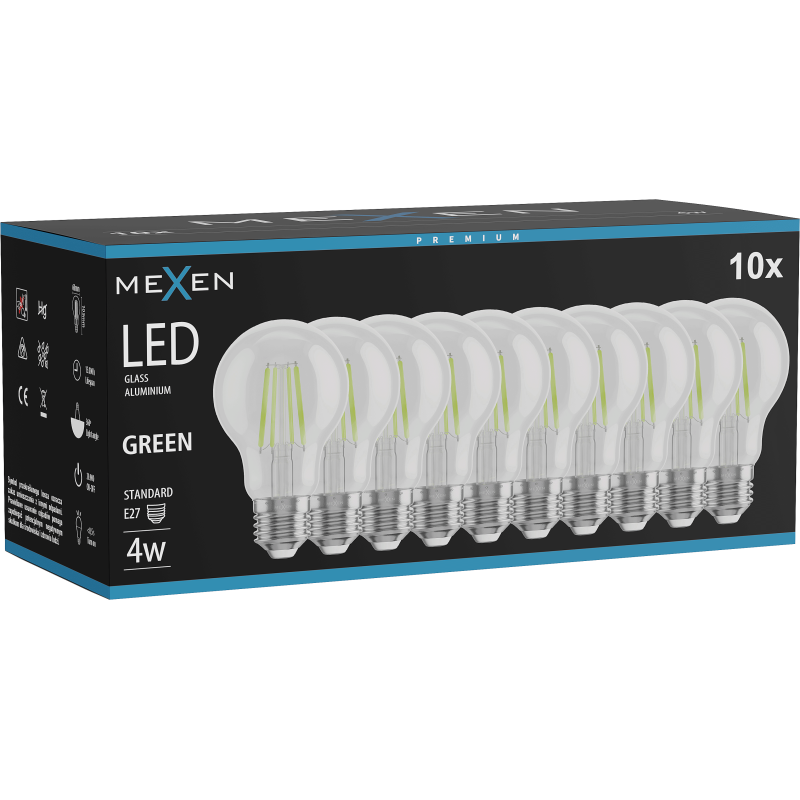 Mexen Vintis 10x LED filamenta spuldze E27, A60, 4W, 55 lm, zaļa - L150-E27-04XX-46x10