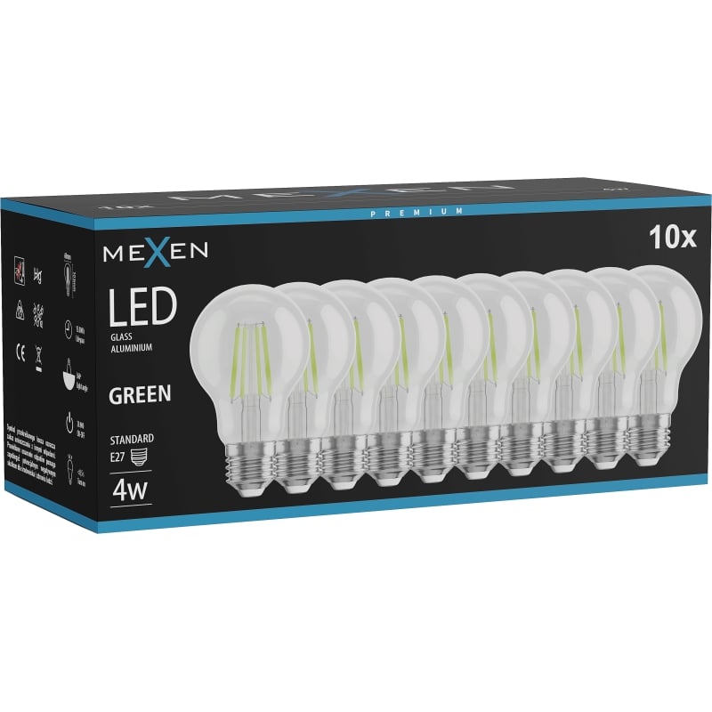 Mexen Vintis 10x LED glödlampa filament E27, A60, 4W, 55 lm, grön - L150-E27-04XX-46x10