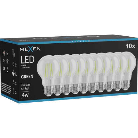 Mexen Vintis 10x LED filamenta spuldze E27, A60, 4W, 55 lm, zaļa - L150-E27-04XX-46x10
