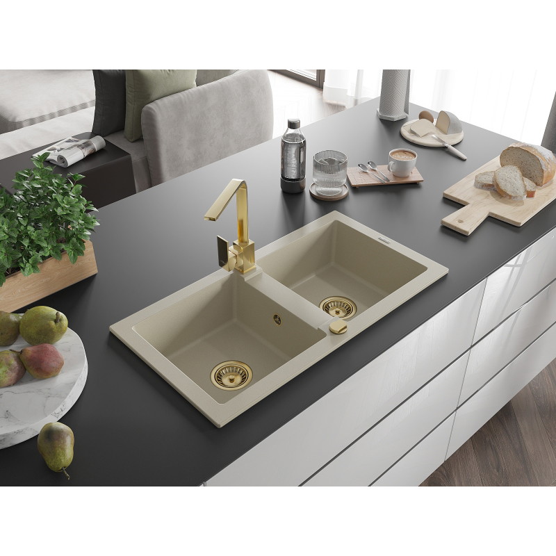 Mexen Mario Granitspüle 2-kommern mit Küchenarmatur Rita, beige - 6504-69-670300-50