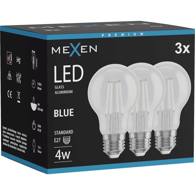 Mexen Vintis 3x bombilla de filamento LED E27, A60, 4W, 55 lm, azul - L150-E27-04XX-47x03