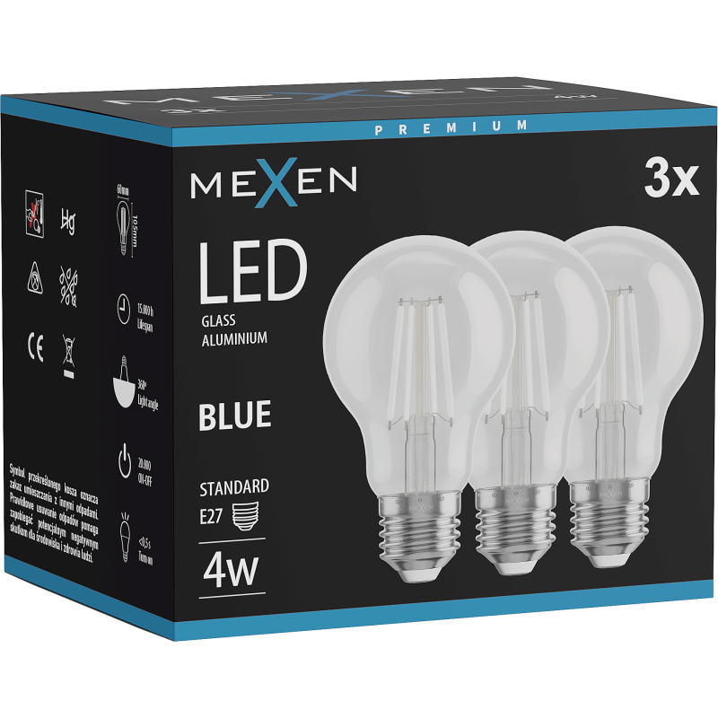 Mexen Vintis 3x LED spuldze ar diegu E27, A60, 4W, 55 lm, zila - L150-E27-04XX-47x03