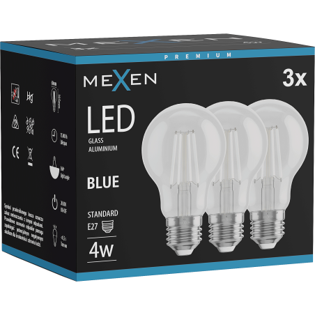 Mexen Vintis 3x LED spuldze ar diegu E27, A60, 4W, 55 lm, zila - L150-E27-04XX-47x03