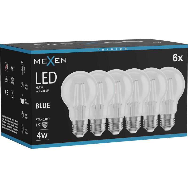 Mexen Vintis 6x LED filament lamp E27, A60, 4W, 55 lm, blauw - L150-E27-04XX-47x06