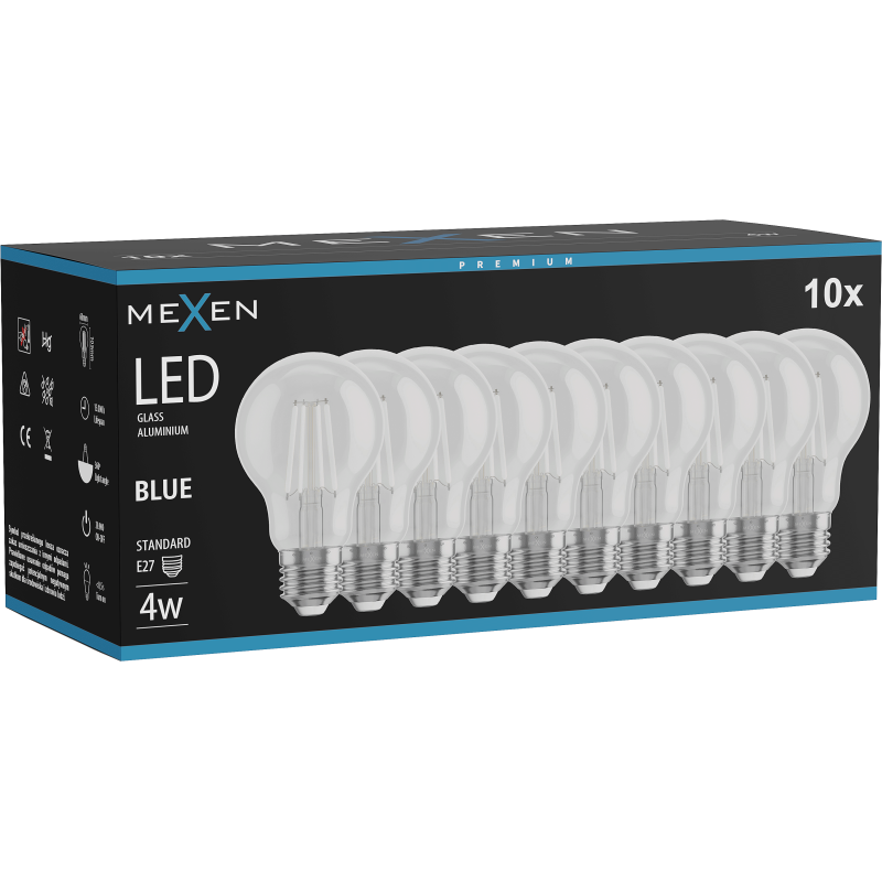 Mexen Vintis 10x LED filamenta spuldze E27, A60, 4W, 55 lm, zila - L150-E27-04XX-47x10