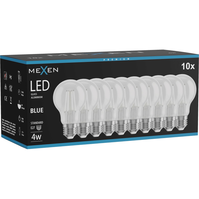 Mexen Vintis 10x LED-filamenttilamppu E27, A60, 4W, 55 lm, sininen - L150-E27-04XX-47x10