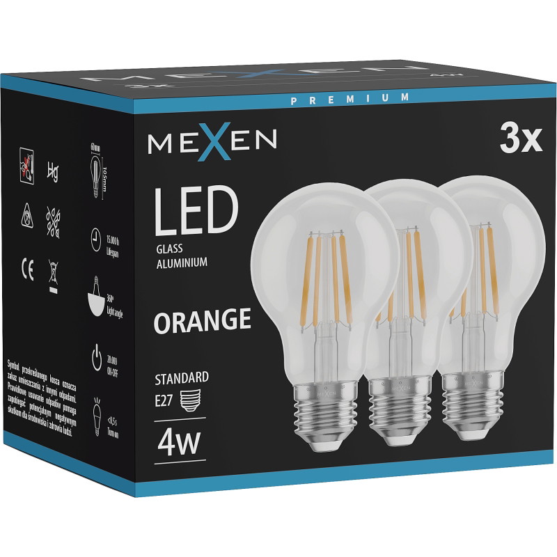 Mexen Vintis 3x LED-filamentlampa E27, A60, 4W, 55 lm, orange - L150-E27-04XX-48x03