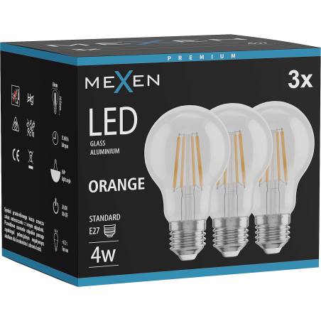 Mexen Vintis 3x LED kvēldiega spuldze E27, A60, 4W, 55 lm, oranža - L150-E27-04XX-48x03