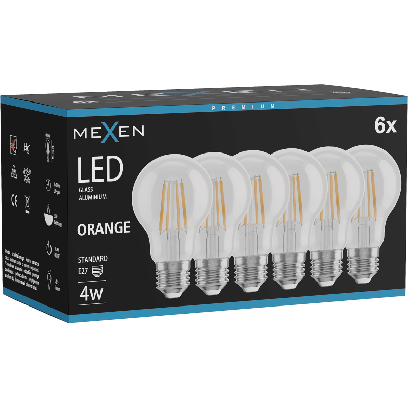 Mexen Vintis 6x LED filament spuldze E27, A60, 4W, 55 lm, oranža - L150-E27-04XX-48x06